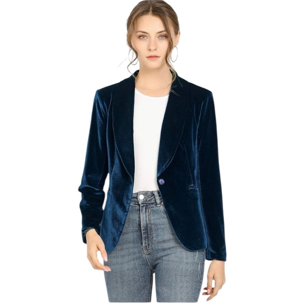 NWT Allegra K Shawl Collar Single Button Deep Blue Velvet Blazer Jacket Sz XL